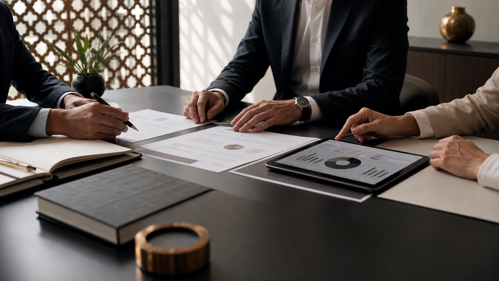 Réunion de conseil professionnelle autour de documents financiers et d'une tablette